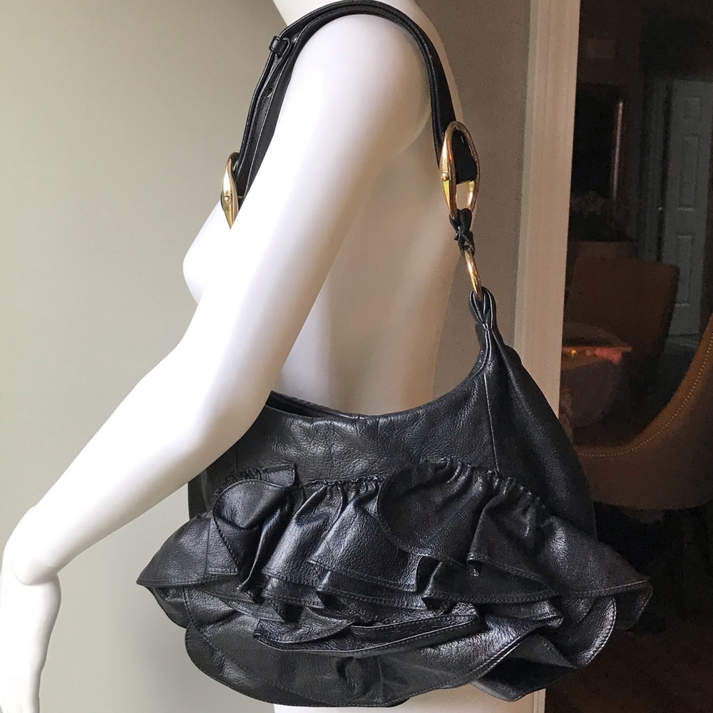 Yves Saint Laurent Black Leather Ruffle AUTHENTIC